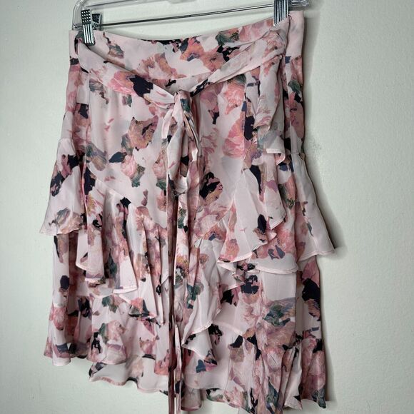 Iro Floral Light Pink Abstract Daring Wrap Flowy Layered Ruffled Mini Skirt 40 - Picture 9 of 16